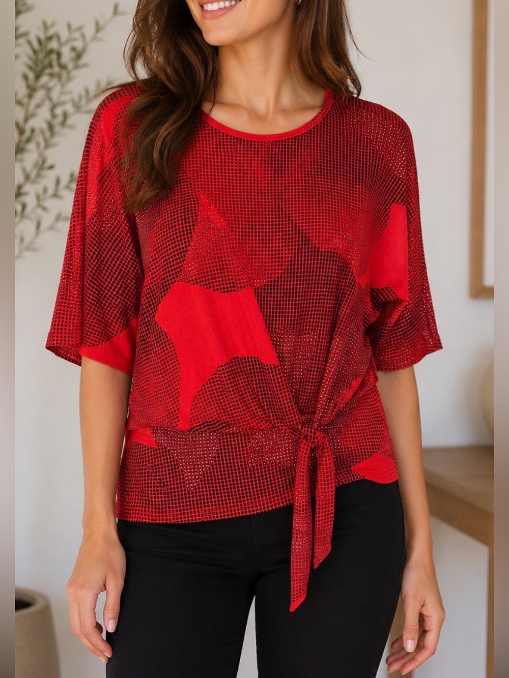 Clara Sun Woo XS Red-black front tie stretch quiet luxury short sleeve tunic